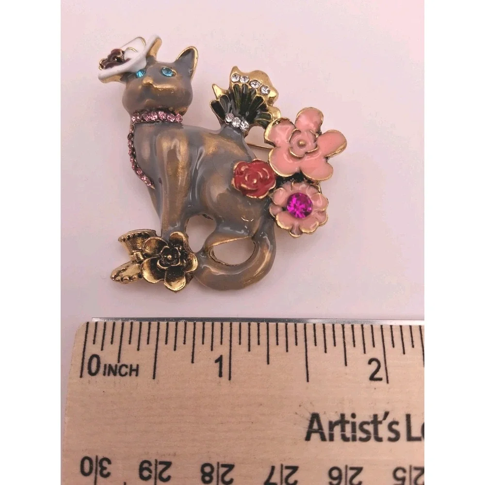 Vintage Inspired Enamel Floral Cat w/ Hats & Scarf Rhinestone Brooch  Whimsical